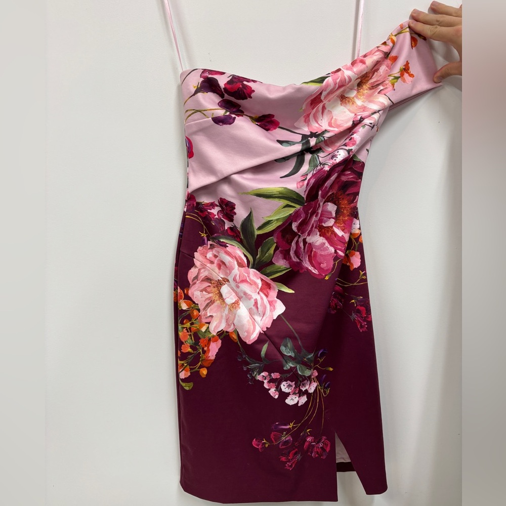 NWT Ted Baker One Shoulder Pink and Burgundy Floral Dress